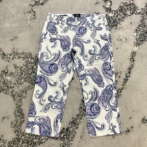 NYDJ for Chico's Slim Crop Paisley Jeans Women Size 12 White Blue Pink Lift Tuck